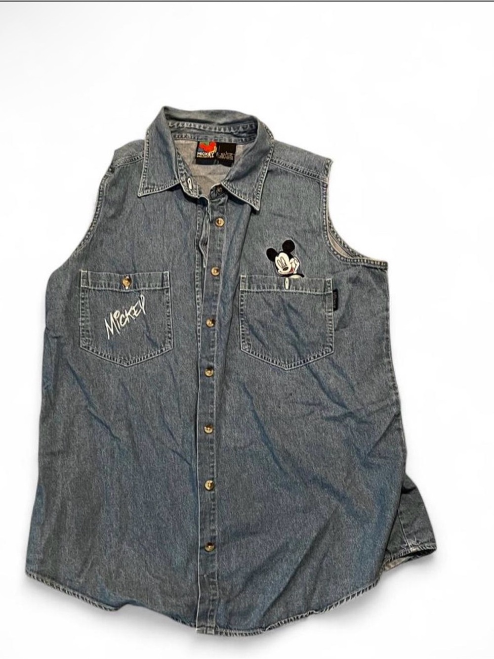 Mickey Mouse Sleeveless Denim Button-Up Shirt - Blue